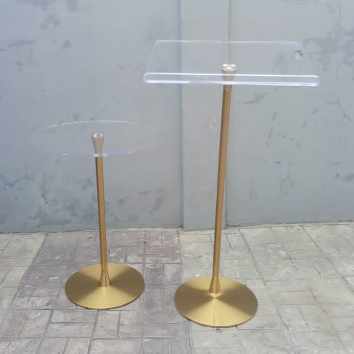 gold color single stand pulpit with side stool