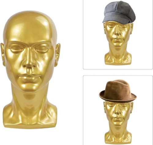 gold male mannequin head for men's caps and other fashion accessories