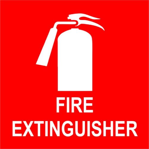 Red fire extinguisher sign with white text for commercial building