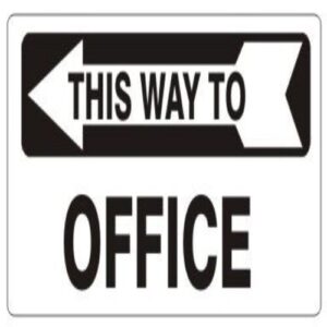 Clear directional sign "Offices This Way" with an arrow in a Nigerian building.