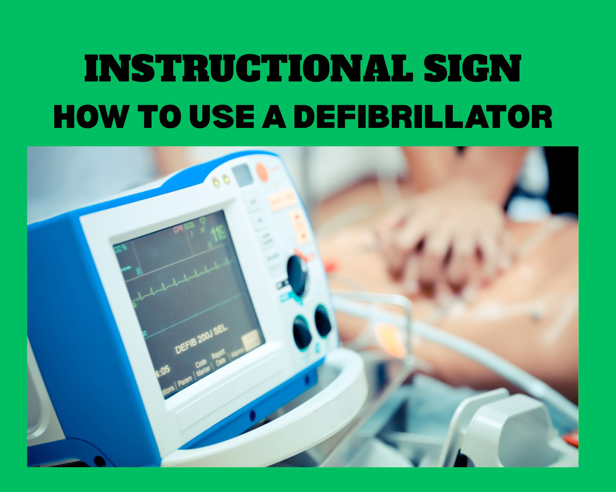 "Instructional sign for using an AED, Eloquent Displays Lagos"
