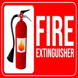 Fire extinguisher sign installed in hospital corridor