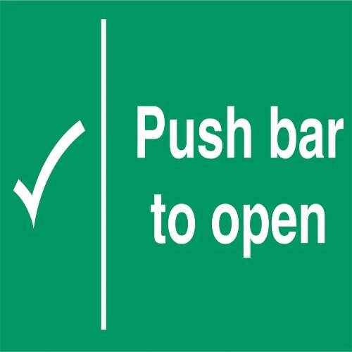 Clear "Push bar to Open" sign on an emergency exit in a Nigerian facility.