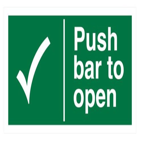 Compliant "Push Bar to Open" sign for fire safety in a Nigerian school.