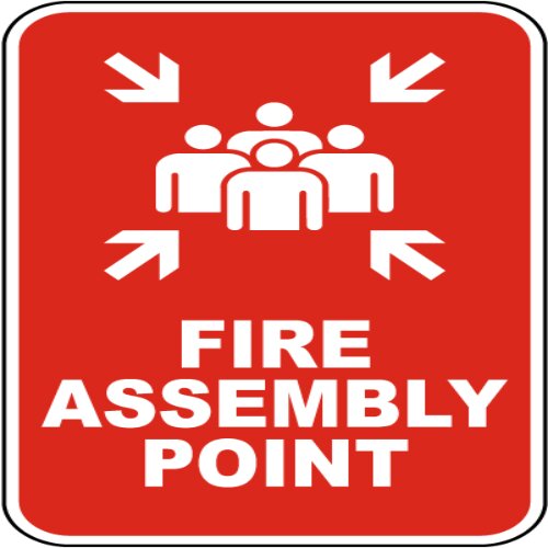 "Gather Here" Fire Assembly Point sign with clear instructions in Lagos.