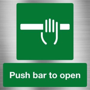 Green "Push Bar to Open" sign on a fire exit door in Lagos.