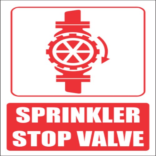 Red and White "Sprinkler Control Valve" sign in a Lagos mechanical room.