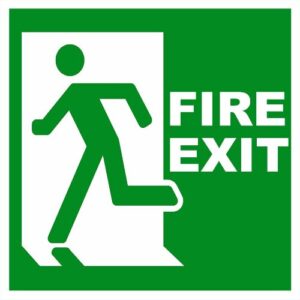 Exit Fire sign with running man pictogram for safe evacuation in Lagos.