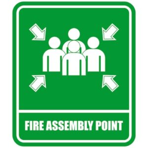 White and green "Fire Assembly Point" sign for clear guidance in Nigeria.