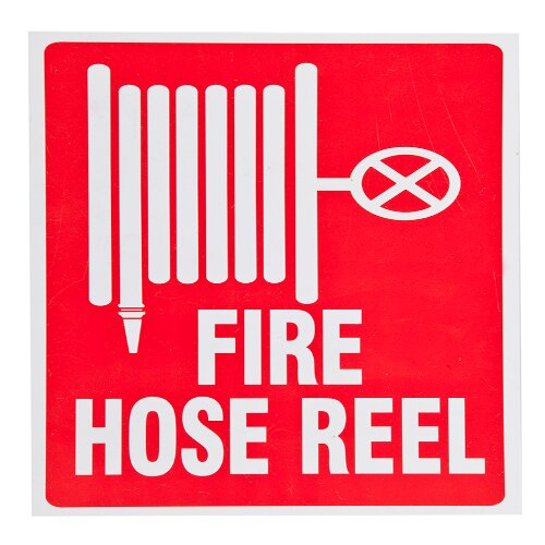 "Fire Hose Reel Here" sign for quick water access in a Lagos office.