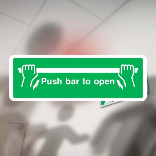White "Push Bar to Open" sign with green background in Nigeria.