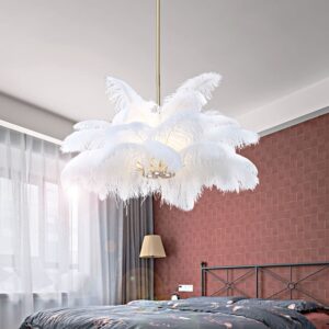Luxury feather chandelier lighting in elegant living room