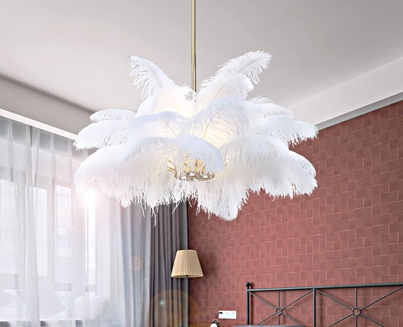 Luxury feather chandelier lighting in elegant living room